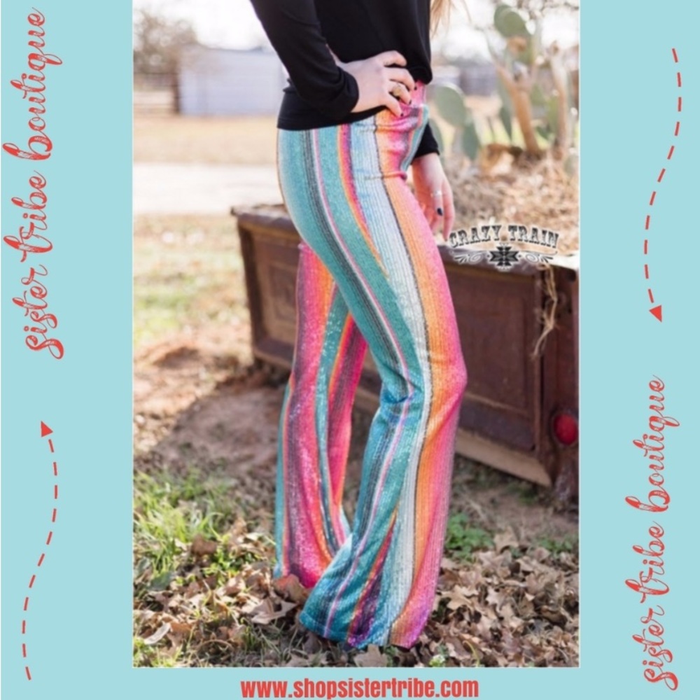 serape sequin flare pants!Extra lining and stretch waste-band withsome stretch.